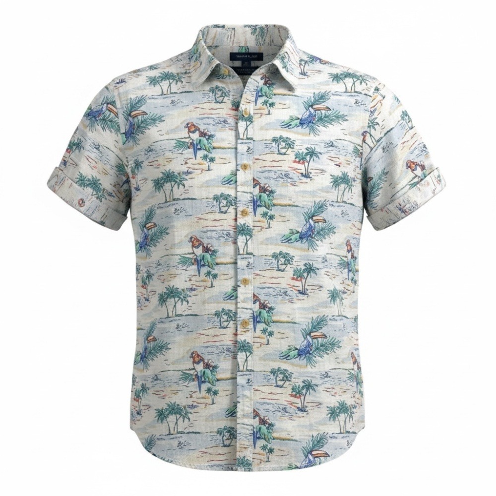 Tommy Hilfiger Men's L Hawaiian Shirt White Blue Tropical Birds Toucan Parrot